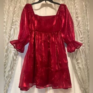 NWT Red Sheer Puff Sleeve Dress